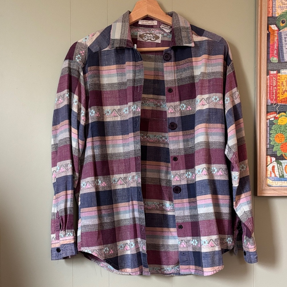 Vintage Angelique's Atelier Plaid Button Down Shirt - Burgundy and Blue
